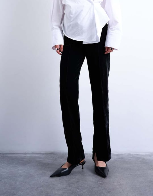Topshop velvet pintuck slim leg with split in black - Image 2