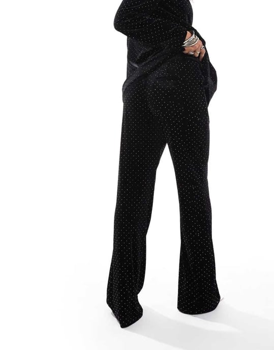YAS velvet rhinestone high waisted trouser co-ord in black - Image 2