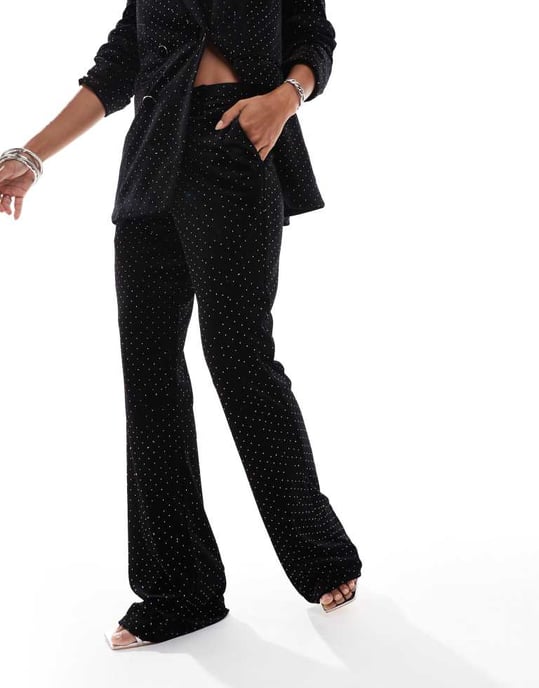 YAS velvet rhinestone high waisted trouser co-ord in black - Image 3