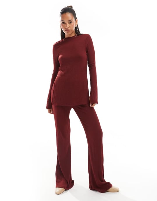ONLY high waist textured trousers co-ord in burgundy - Image 2