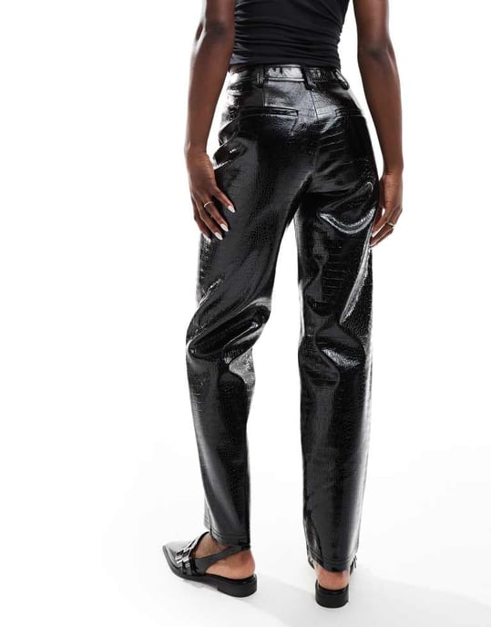 ASOS DESIGN faux leather croc straight leg trouser in black - Image 2
