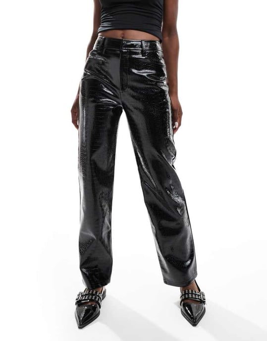 ASOS DESIGN faux leather croc straight leg trouser in black - Image 4