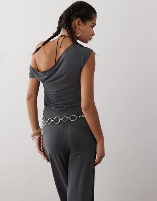 Motel Elysian asymetric cupro co-ord top in dark grey - Image 3