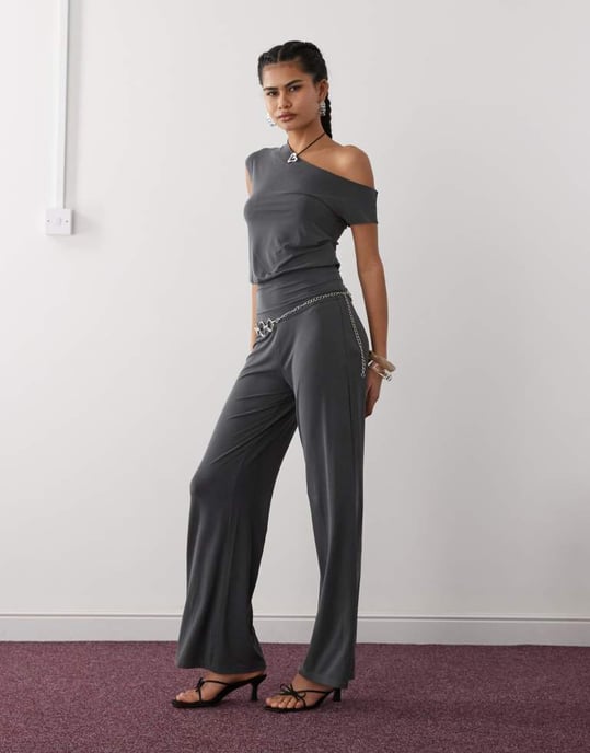 Motel Elysian asymetric cupro co-ord top in dark grey - Image 4