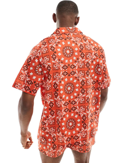 ASOS DESIGN co-ord relaxed revere shirt with bandana print in red - Image 3