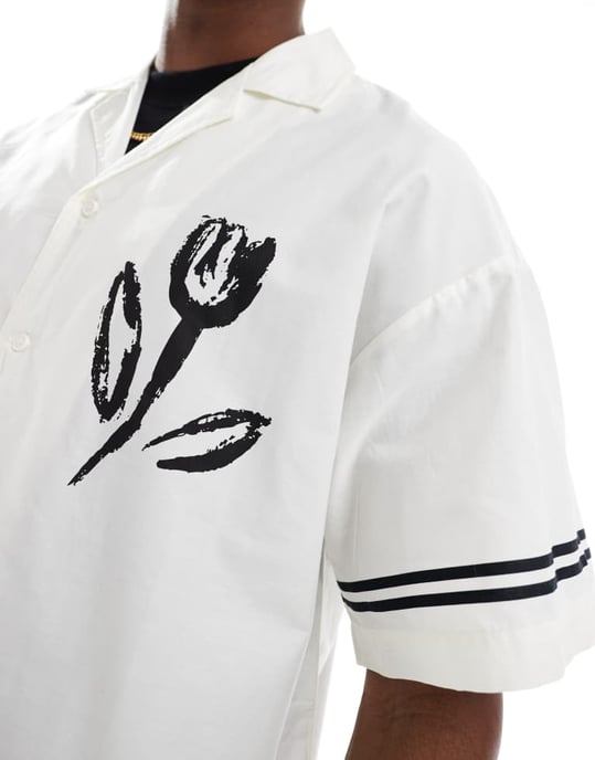 ADPT oversized revere collar shirt with floral print in black - Image 2