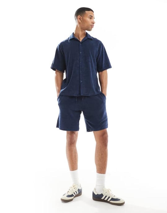 Jack & Jones Premium oversized towelling co-ord shirt in Navy - Image 3