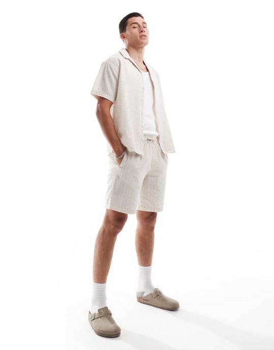 Jack & Jones co-ord oversized revere collar crinkle shirt in beige - Image 4