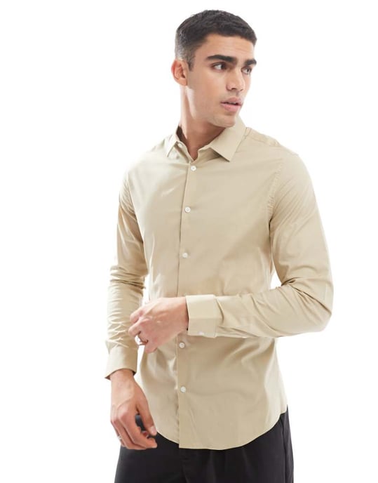 ASOS DESIGN skinny poplin shirt in stone - Image 1