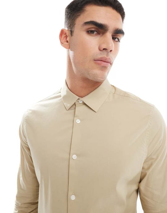 ASOS DESIGN skinny poplin shirt in stone - Image 2