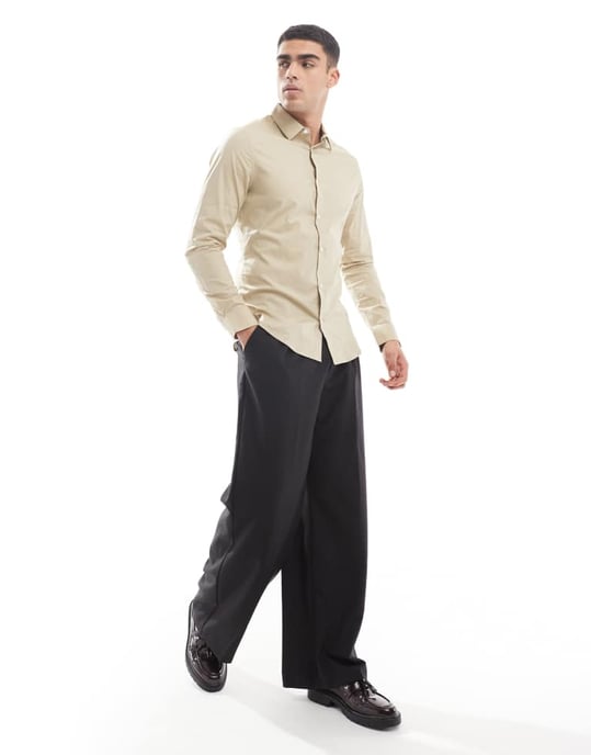 ASOS DESIGN skinny poplin shirt in stone - Image 3