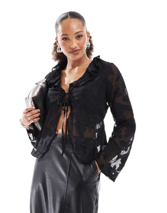 ONLY front tie sheer top with embroidery details in black - Image 1