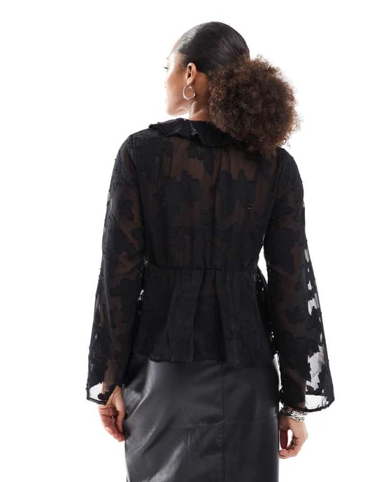 ONLY front tie sheer top with embroidery details in black - Image 3