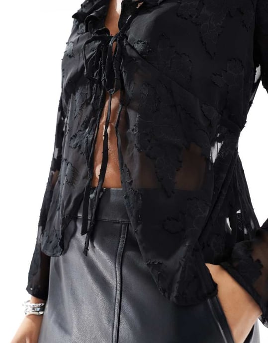 ONLY front tie sheer top with embroidery details in black - Image 4