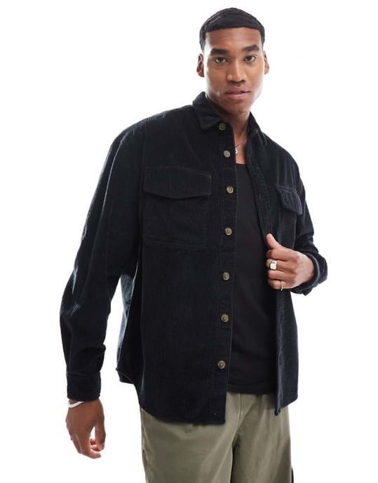 ASOS DESIGN 90s cord oversized shirt with patch pocket in black - Image 1