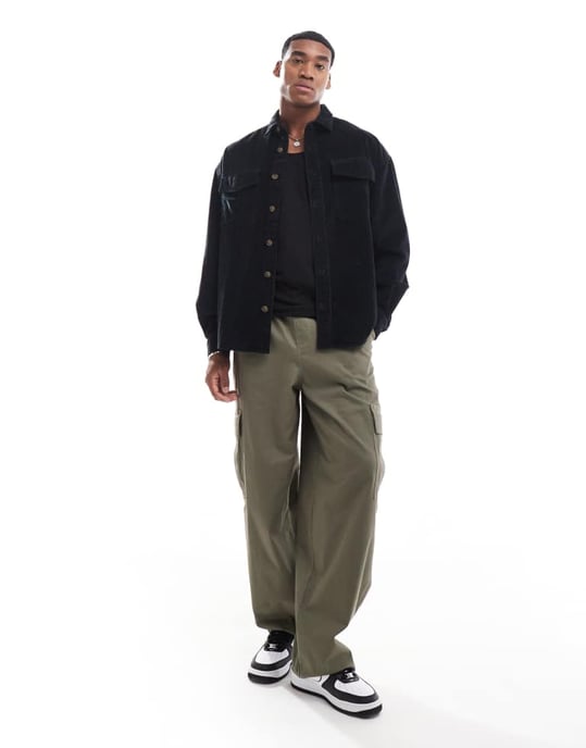 ASOS DESIGN 90s cord oversized shirt with patch pocket in black - Image 2