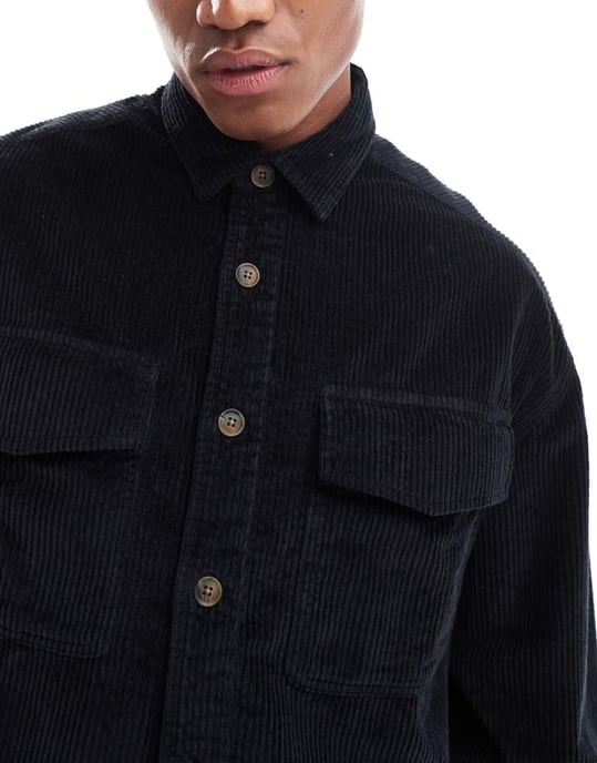 ASOS DESIGN 90s cord oversized shirt with patch pocket in black - Image 3
