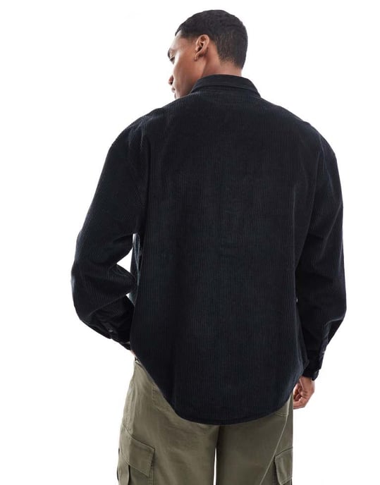 ASOS DESIGN 90s cord oversized shirt with patch pocket in black - Image 4