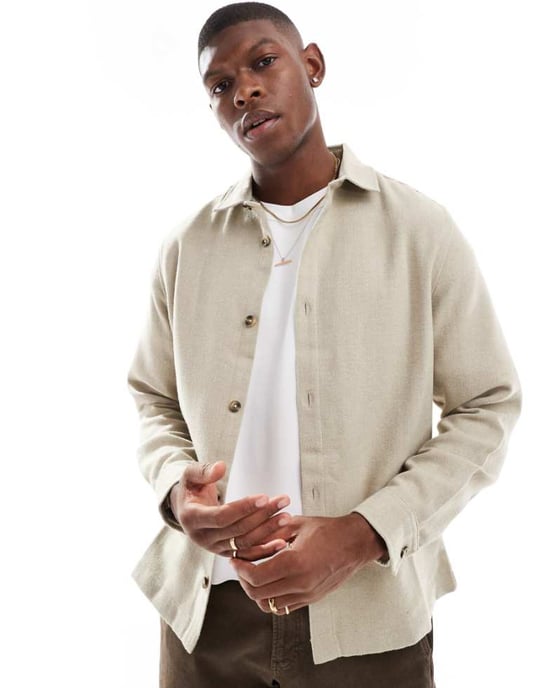 ASOS DESIGN wool look overshirt in stone - Image 1