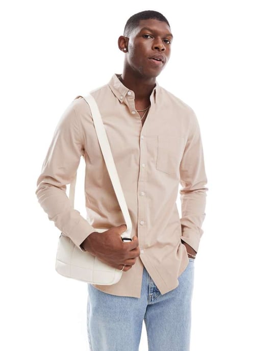 ASOS DESIGN slim stretch oxford shirt in stone - Image 1