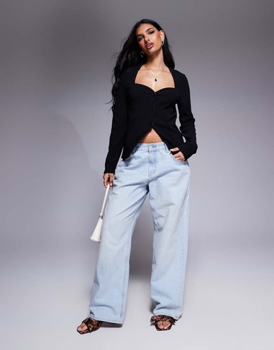 ASOS DESIGN ribbed structured sweetheart button through top in black - Image 2