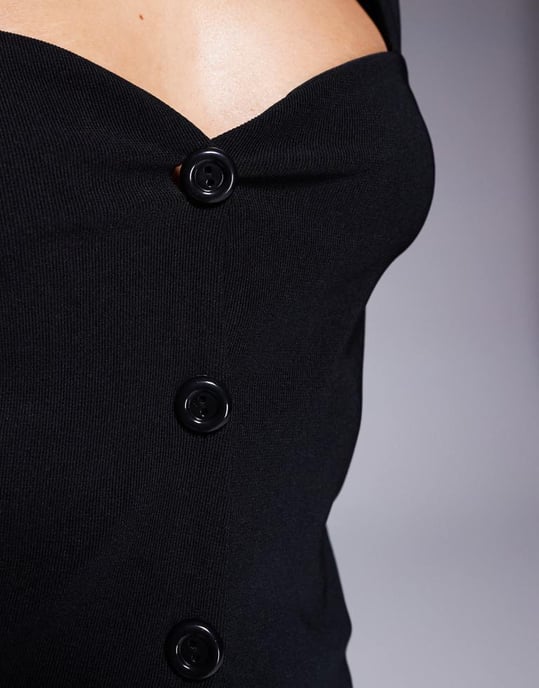 ASOS DESIGN ribbed structured sweetheart button through top in black - Image 3