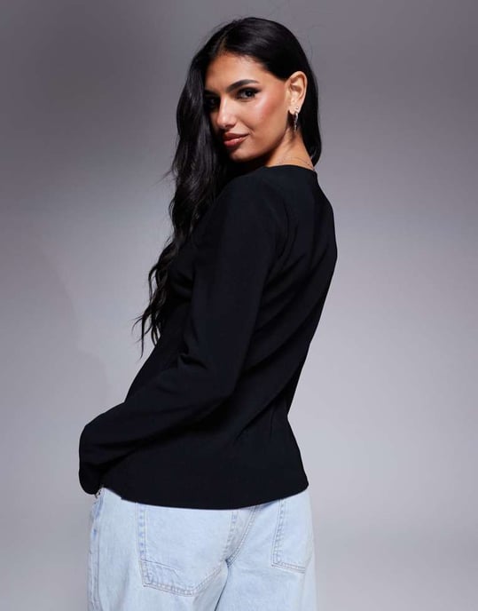 ASOS DESIGN ribbed structured sweetheart button through top in black - Image 4