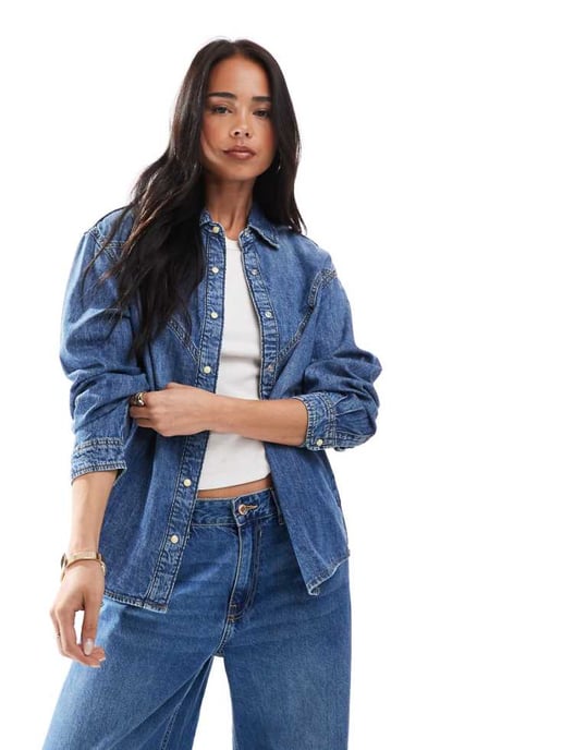 ONLY western detail denim shirt in mid blue - Image 1