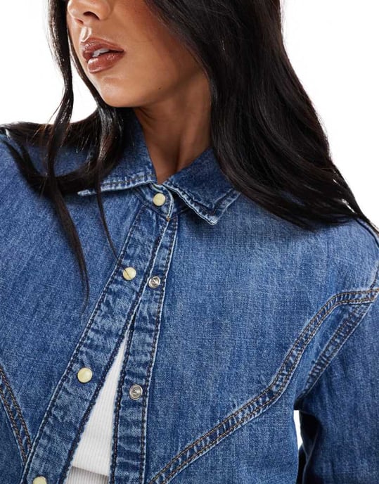 ONLY western detail denim shirt in mid blue - Image 2
