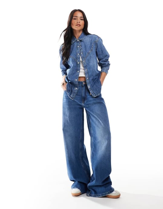 ONLY western detail denim shirt in mid blue - Image 3