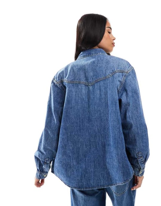 ONLY western detail denim shirt in mid blue - Image 4