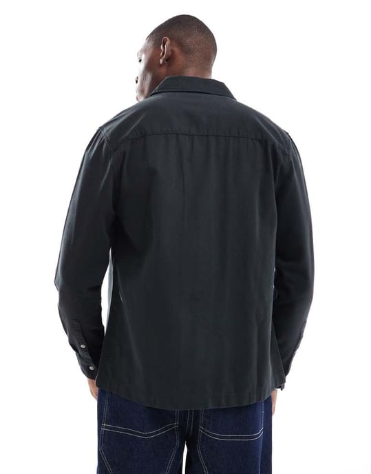 ASOS DESIGN twill zip through overshirt in washed black - Image 2