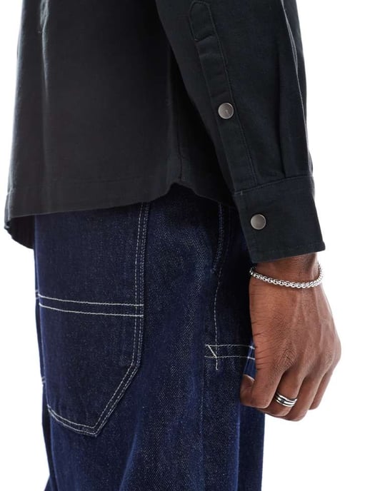 ASOS DESIGN twill zip through overshirt in washed black - Image 3