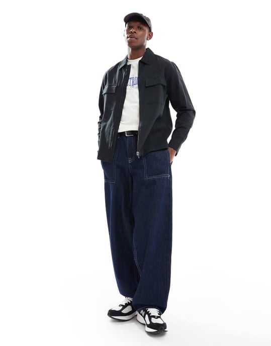 ASOS DESIGN twill zip through overshirt in washed black - Image 4