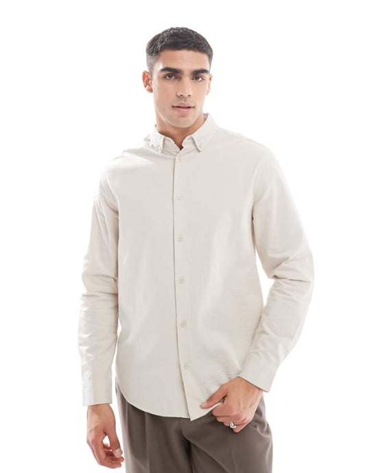 ASOS DESIGN regular seersucker shirt in stone - Image 1