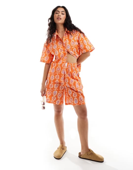 Sixth June co-ord printed linen shirt in orange - Image 1