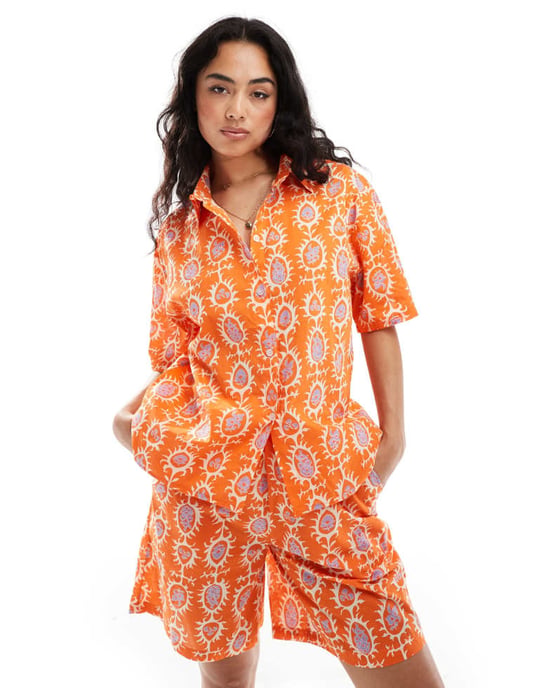 Sixth June co-ord printed linen shirt in orange - Image 2