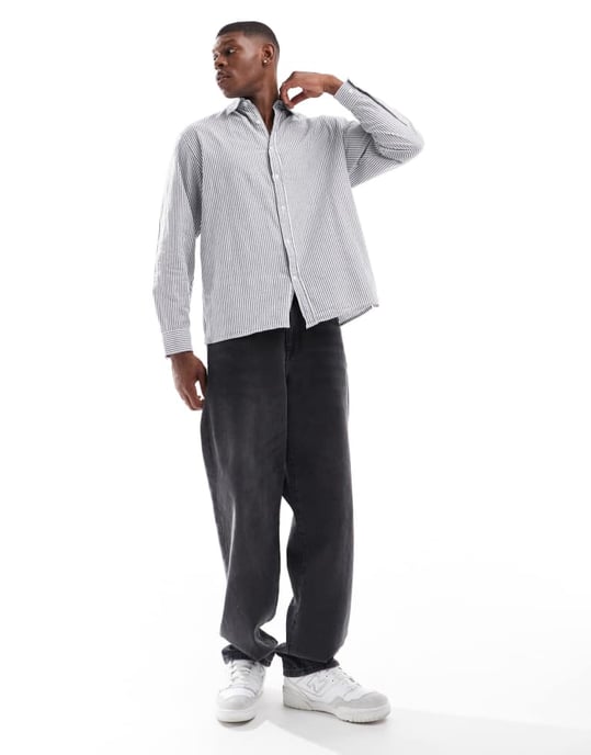Selected oversized boxy shirt in blue stripe - Image 3