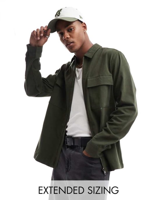 ASOS DESIGN overshirt with front zip in bottle green - Image 1