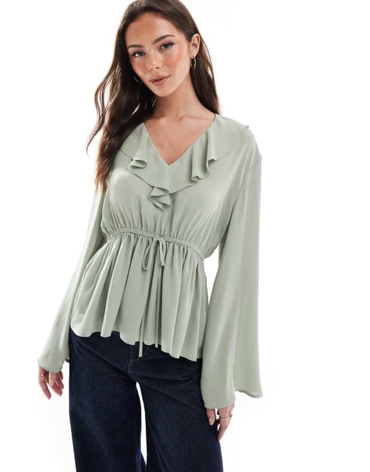 ASOS DESIGN v neck frill top with peplum hem in khaki - Image 1