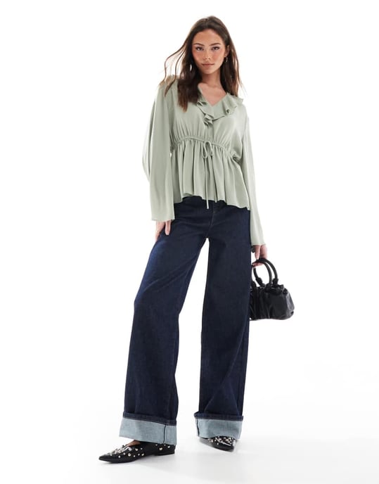 ASOS DESIGN v neck frill top with peplum hem in khaki - Image 2
