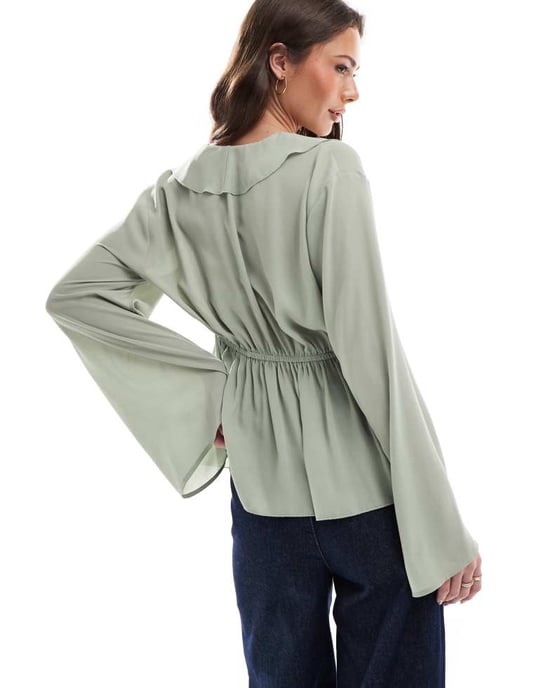 ASOS DESIGN v neck frill top with peplum hem in khaki - Image 3