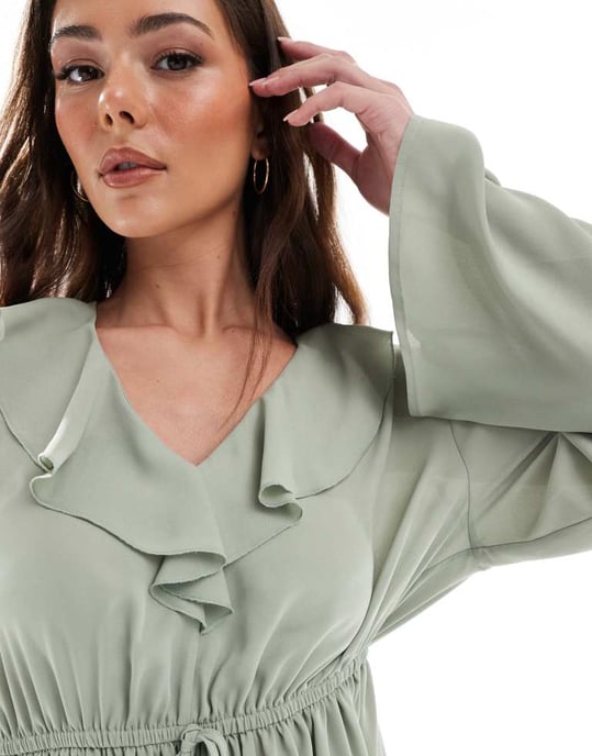 ASOS DESIGN v neck frill top with peplum hem in khaki - Image 4