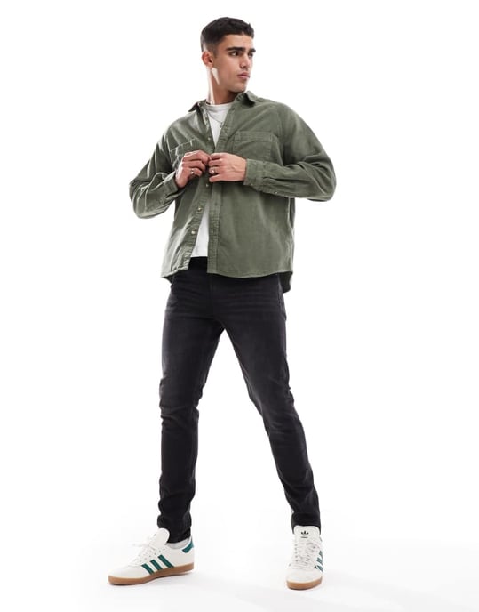 ASOS DESIGN 90's oversized cord shirt with square collar in khaki - Image 3