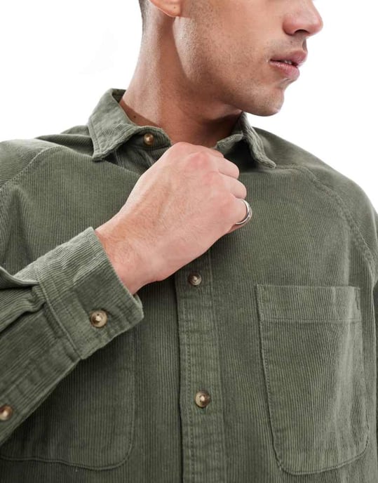 ASOS DESIGN 90's oversized cord shirt with square collar in khaki - Image 4