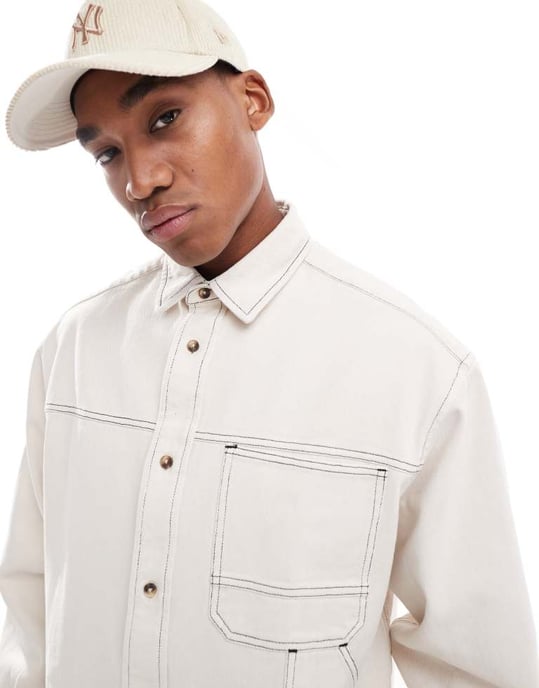ASOS DESIGN boxy oversized denim shirt in ecru - Image 3