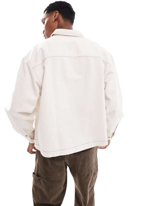 ASOS DESIGN boxy oversized denim shirt in ecru - Image 4
