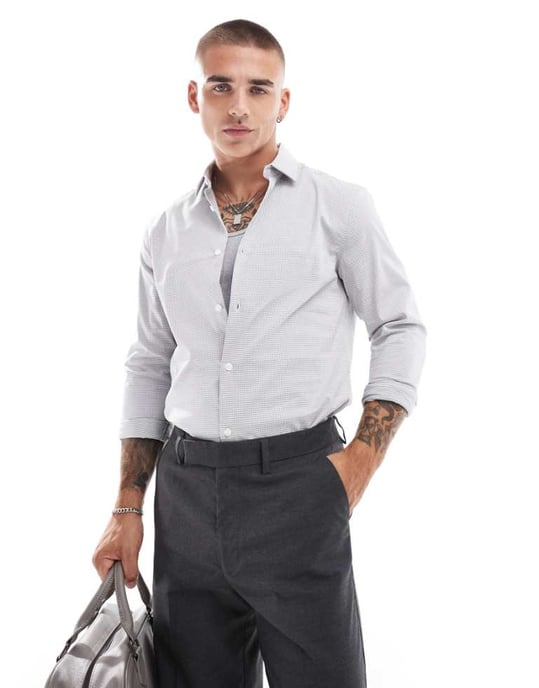 ASOS DESIGN slim shirt in white and grey micro check - Image 1