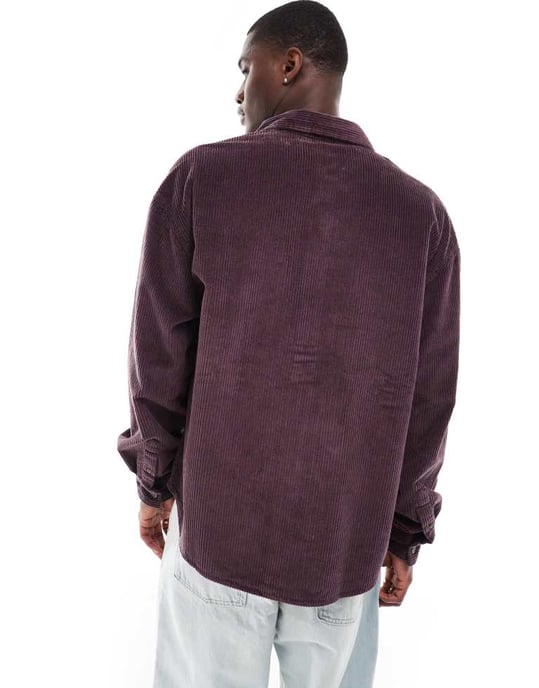 ASOS DESIGN 90s oversized cord shirt with patch pocket in dark plum - Image 2