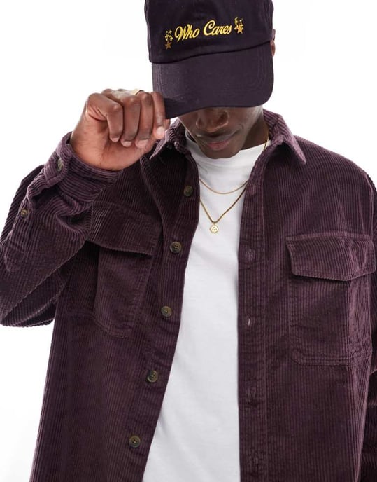 ASOS DESIGN 90s oversized cord shirt with patch pocket in dark plum - Image 3